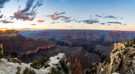 panorama view of sunset in grand canyon seen from south rim