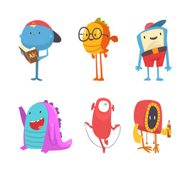Cute monsters set. Bright joyful funny aliens with school supplies cartoon vector illustration