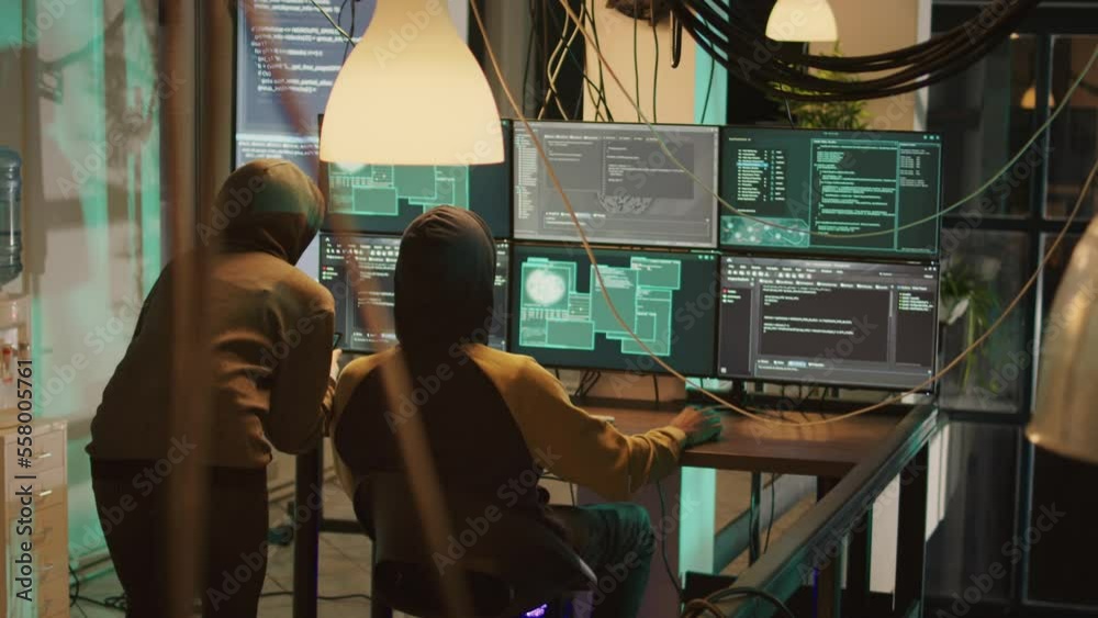 Poster hackers team trying to break government database server, breaking firewall encryption with malware. 