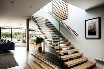 a contemporary interior design element featuring glass fencing and wooden stairs. Generative AI - obrazy, fototapety, plakaty