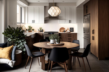 Fototapeta premium Interior of a contemporary residential kitchen and dining room. Generative AI