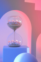 End of the year 2023, Silverster, New Year 2024. Hourglass withyear numbers on podium. Surreal...