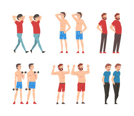 Obraz premium Set of men before and after diet and sport. Unhealthy and healthy sport athletic body. Weight loss concept cartoon vector illustration