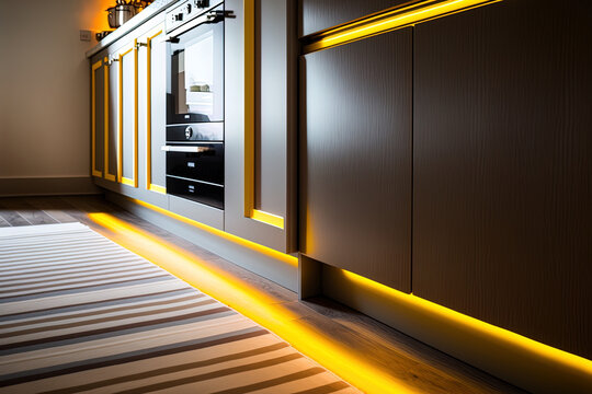 Details of a comfortable, well built modern kitchen with striped carpet and accent yellow LED lighting. Generative AI