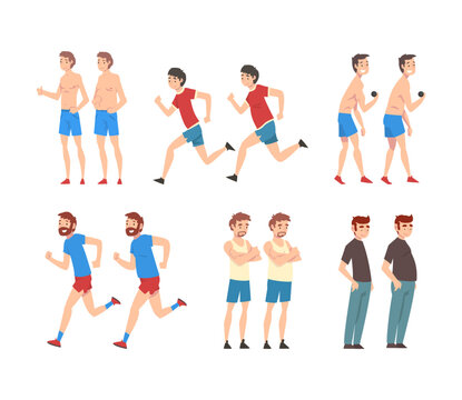 Fat and slender male characters set. Young men before and after diet and sport. Weight loss concept cartoon vector illustration