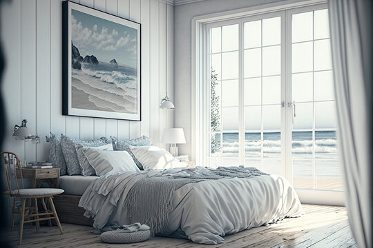 Interior of a white, comfortable, coastal bedroom. Generative AI