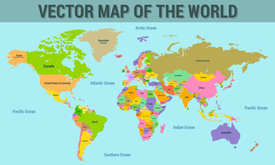 Vector map of the world with the names of the countries, with the borders of the countries.