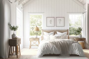 a light colored farmhouse bedroom interior. Generative AI - obrazy, fototapety, plakaty