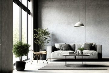 Living room with concrete wall texture and Scandinavian interior design background or scenario. Generative AI