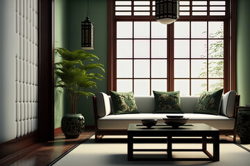 Asian inspired modern living room furnishings, including the sofa. Generative AI