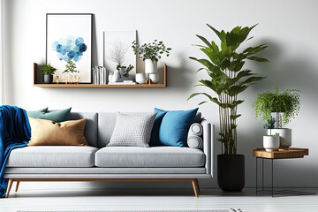 Modern living room decor including a gray sofa and blue cushions against a white background. Generative AI - obrazy, fototapety, plakaty