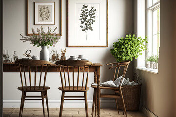 With a walnut wood table, antique chairs, decorations, dried flowers in a vase, and a mock up picture frame, this dining room has a stylish rustic ambiance. Template. Generative AI