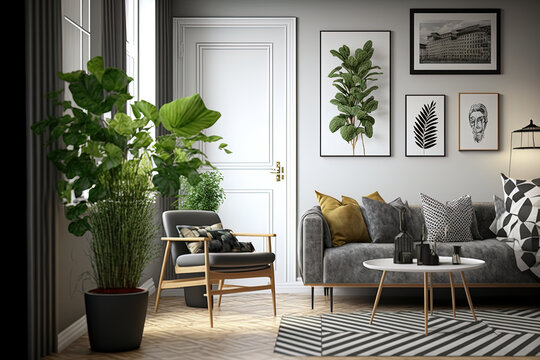 Interior of a contemporary apartment with a stylish and Scandinavian living room that features a gray sofa, pillows, plaid, plants, a design wooden toilet, a black table, a lamp, and abstract artworks