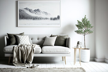 sofa in a white living room. Scandinavian style in decorating. Generative AI
