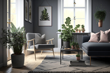 Modern Scandinavian living room with a warm home décor and a stylish grey sofa, armchair, lots of plants, coffee table, and carpet. Template. Generative AI