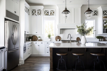 Beautiful white kitchen in contemporary farmhouse style luxury property with dark accents. Generative AI - obrazy, fototapety, plakaty