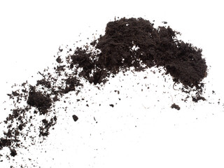 Black Fertilize Soil ready to planting, good organic soils with root for garden farming, fine detail of soil throw fly in air with dust dirty. High speed freeze shot over White background Isolated.