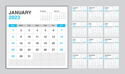 Calendar 2023 year blue design, Monthly calendar template for 2023 year, Week Starts on sunday, Minimalist Wall calendar 2023 template, planner, Business template Vector