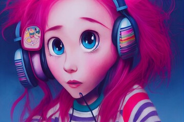 cute pink haired anime style girl in headphones