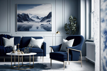 white living room with a sofa, armchair, and posters in navy blue. Generative AI