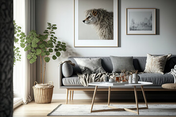 Elegant home decor in a stylish Scandinavian living room with a design grey sofa, vintage wooden table, mock up poster frame, décor, carpet, and personal belongings. Generative AI