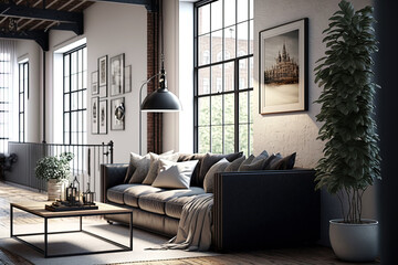 Fototapeta premium a contemporary loft living room with a couch, table, lamp, frame, decorations, and additional space,. Generative AI
