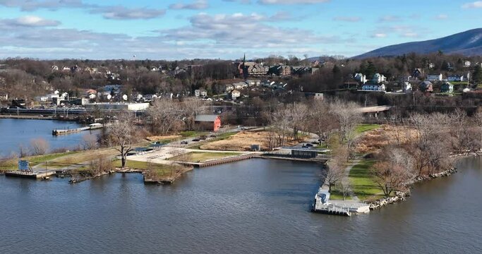 Mid-morning winter aerial video of Beacon New York along the eastern side of the Hudson River.