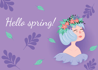 Cute colorful card for the beginning of spring. A girl with blue hair and a blue dress on a purple background.