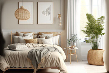 Interior of bedroom. Beige color scheme. Generative AI - obrazy, fototapety, plakaty