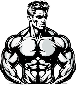 black and white illustration of a bodybuilder man