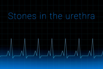 Stones in the urethra disease. Stones in the urethra logo on a dark background. Heartbeat line as a symbol of human disease. Concept Medication for disease Stones in the urethra.