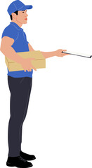 Hand-drawn worker holding a sign. Delivery guy is holding a cardboard box in different poses. Vector flat style illustration isolated on white. Full-length view