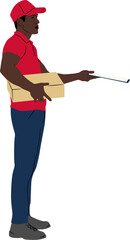 Hand-drawn African American worker holding a sign. Delivery guy is holding a cardboard box in different poses. Vector flat style illustration isolated on white. Full-length view