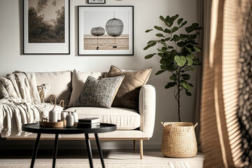 Modern home décor in a stylish setting with a design neutral modular sofa, mock up picture frames, rattan armchair, coffee tables, decorations, and attractive personal accessories. Generative AI