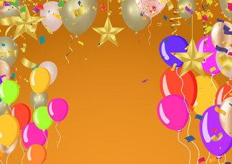 Holiday background with balloons, flags, streamer. Place for text. Vector festive illustration. colorful balloons