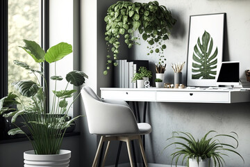 A contemporary workspace in a room with green potted plants. Home decor. Generative AI