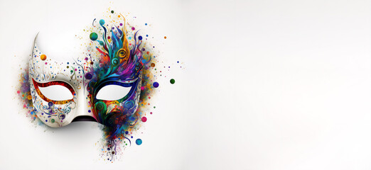 Venetian mask carnival colorful splash art  masquerade mardi gras banner copy space on white illustration. Generative AI