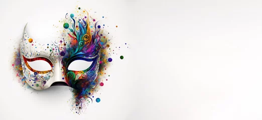 Foto op Canvas Venetian mask carnival colorful splash art  masquerade mardi gras banner copy space on white illustration. Generative AI © fabioderby