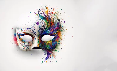 Gordijnen Venetian mask carnival colorful splash art  masquerade mardi gars banner copy space on white illustration. Generative AI © fabioderby