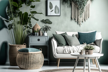 Gray sofa, rattan armchair, wooden cube, plaid pillow, tropical plants, tiny table, and fine accessories make up an interior design composition that is both modern and boho. Elegant interior design. T
