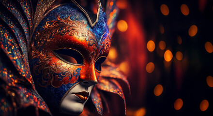 Venetian mask close up night lights red dark mistery fantasy masquerade banner copy space dark  illustration. Generative AI