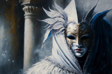 Venetian mask close up day outdoors mistery fantasy masquerade banner copy space theater illustration. Generative AI