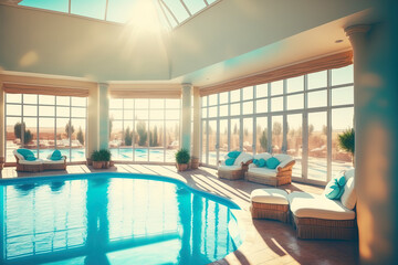 Beautiful indoor pool with Jacuzzi, rattan couches, huge windows with panoramic views, lighting, and loft style decor. Generative AI