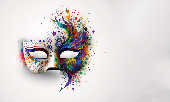 Venetian mask carnival colorful splash art  masquerade mardi gars banner copy space on white illustration. Generative AI