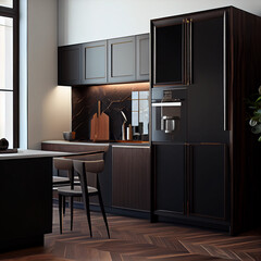 Kitchen furniture in black colors, generative ai