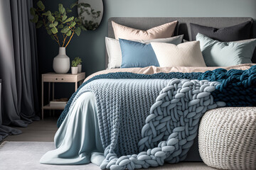 Fototapeta na wymiar Knit blanket in gentle gray and blue colors covering the king size bed in the modern apartment's cozy, natural bedroom. Generative AI