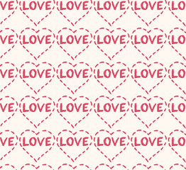 seamless pattern with the word love in pink stitched hearts on a cream background