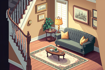 House interior cartoon featuring a sofa, coat rack, fruit on a coffee table, carpet on the floor, and a wooden stairway in a nice hall, living room, wide antechamber, or vestibule. Generative AI