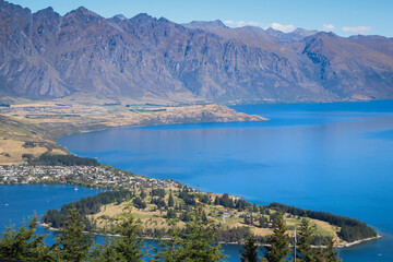 Naklejka na ściany i meble Qeenstown stunning views, beautiful scenery and landscape, mountains and lakes, South Island, New Zealand