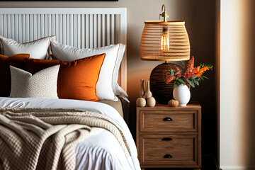 White bed with brown and orange pillows, wicker lamp, wooden nightstand with vase, and natural bedroom decor. Generative AI